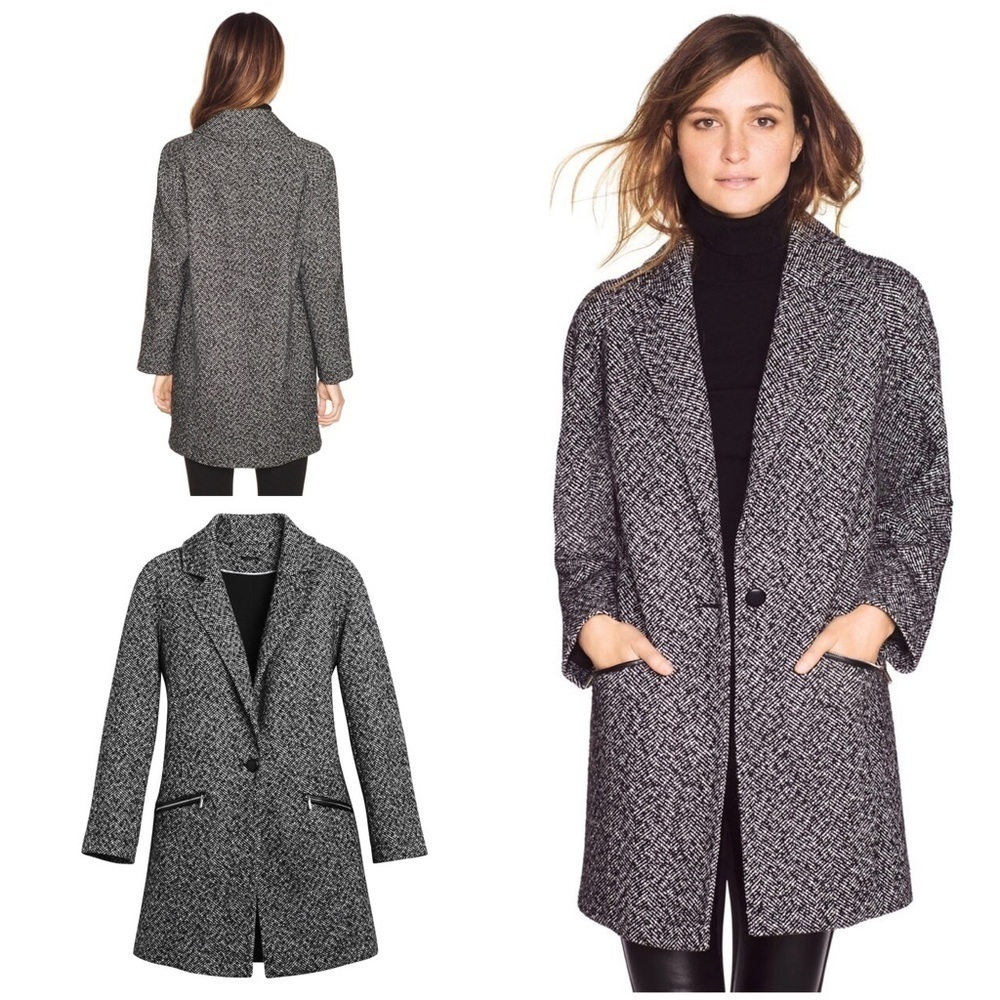 EUC  White House Black Market Herringbone Wool Blend Tweed Cocoon Coat Medium‌‌‌